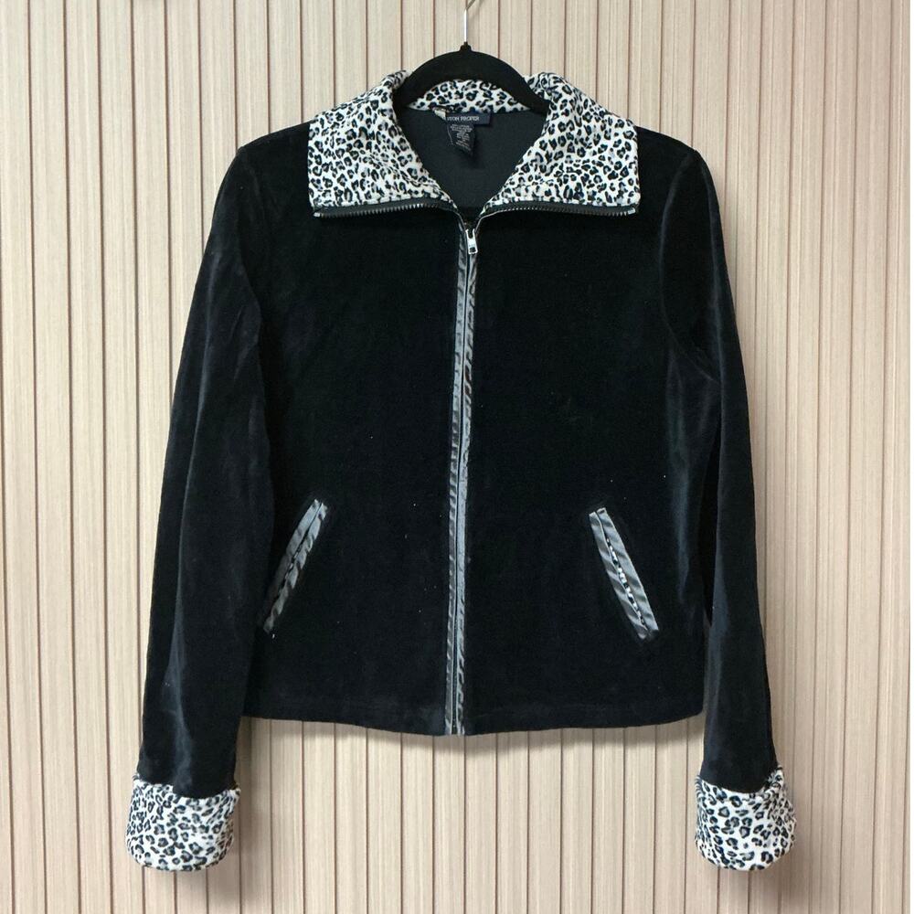 Boston Proper Black/Animal Print Zip Front Jacket Women’s Size M